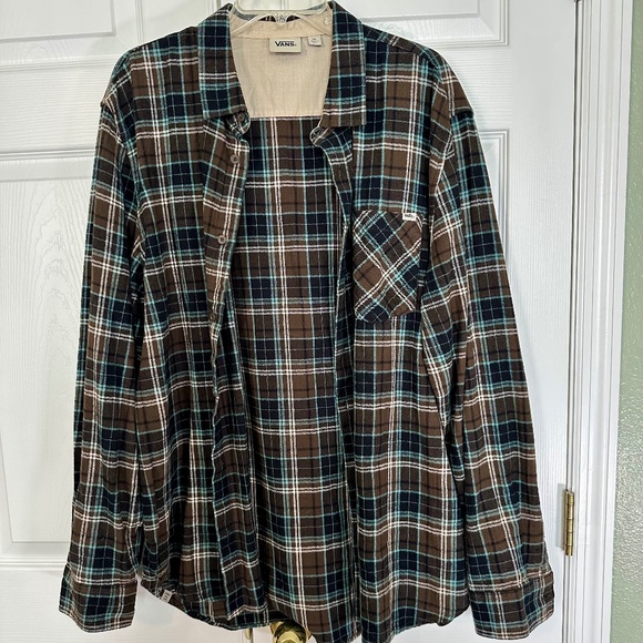 Vans Mens Plaid Flannel XL Brown/Beige/Light Blue - Picture 1 of 4